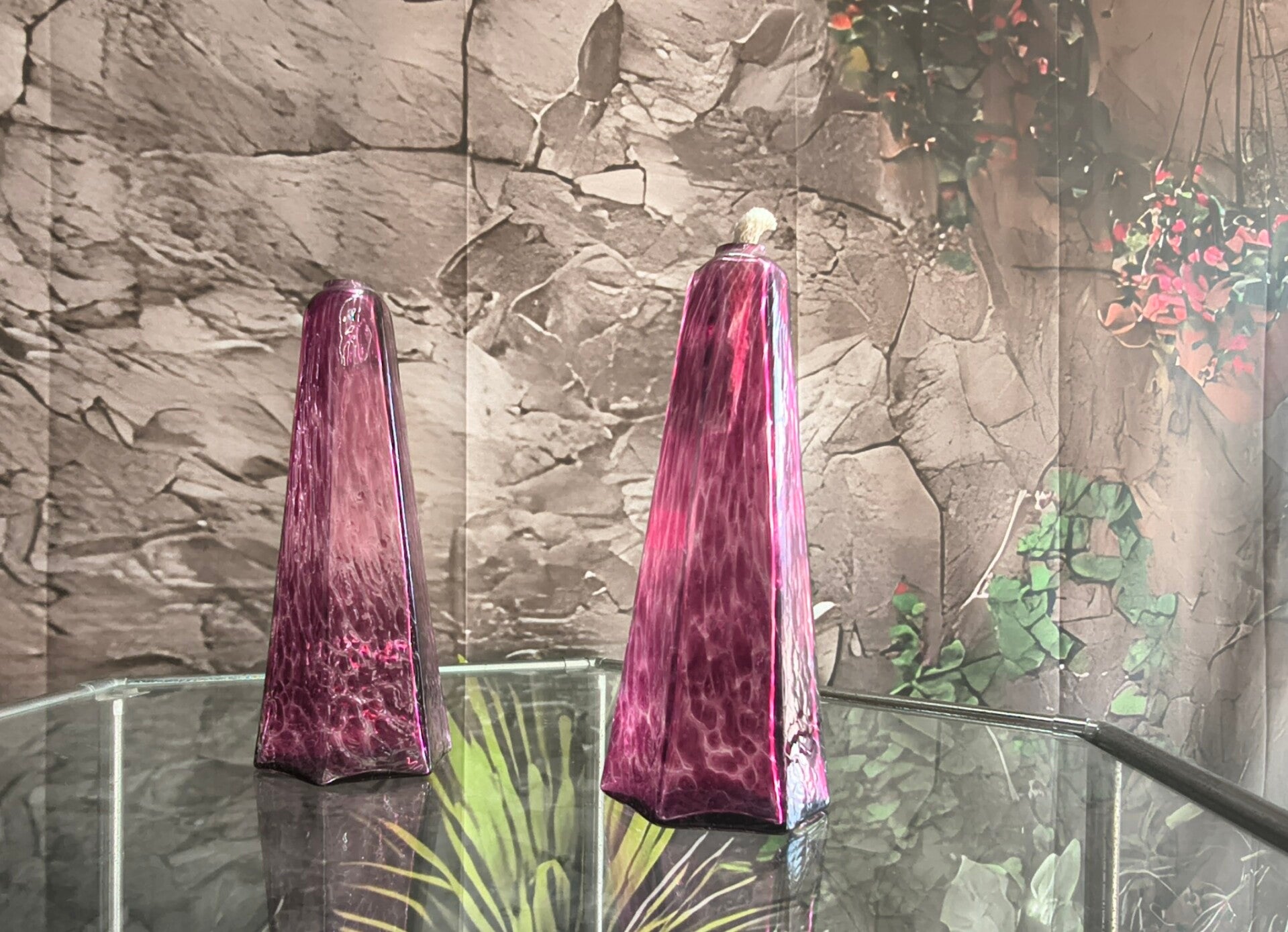 Pair of Vintage Amethyst Art Glass Obelisk Oil Lamps with Wicks