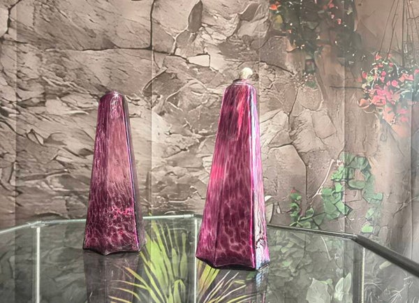 Pair of Vintage Amethyst Art Glass Obelisk Oil Lamps with Wicks