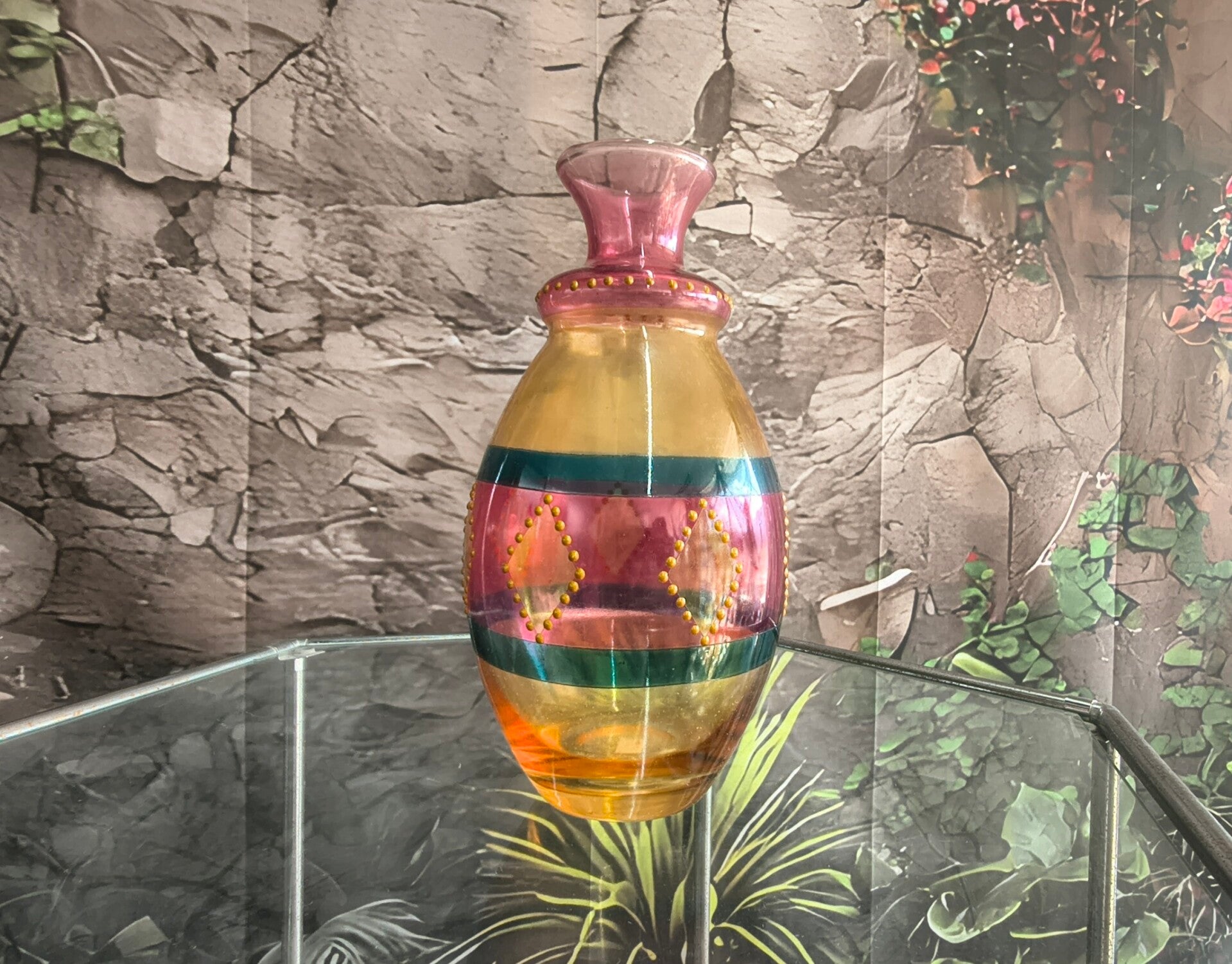 Vintage Moroccan-Style Painted Art Glass Vase