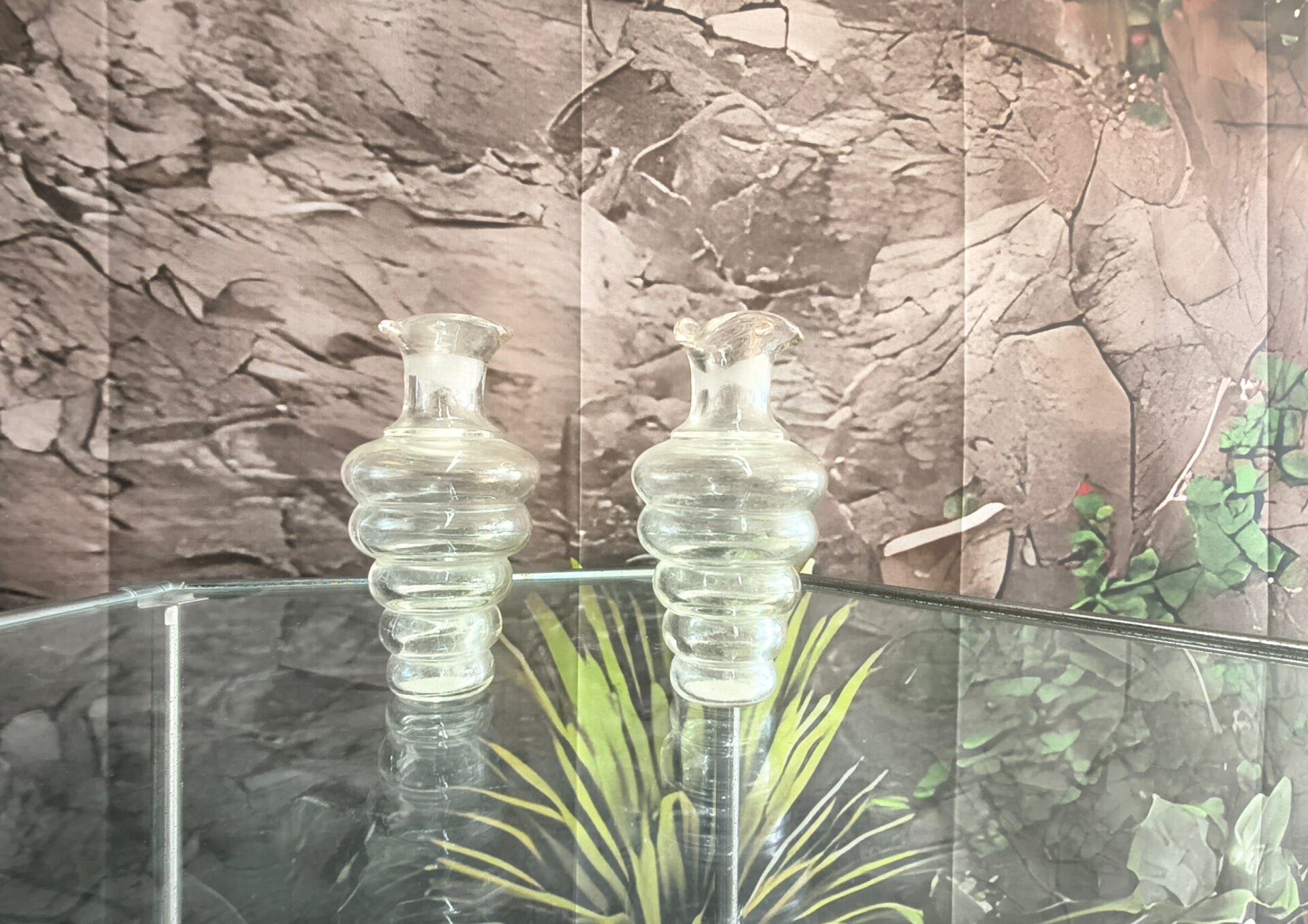 Vintage Ribbed Beehive Clear Glass Decanters / Bud Vases – Pair