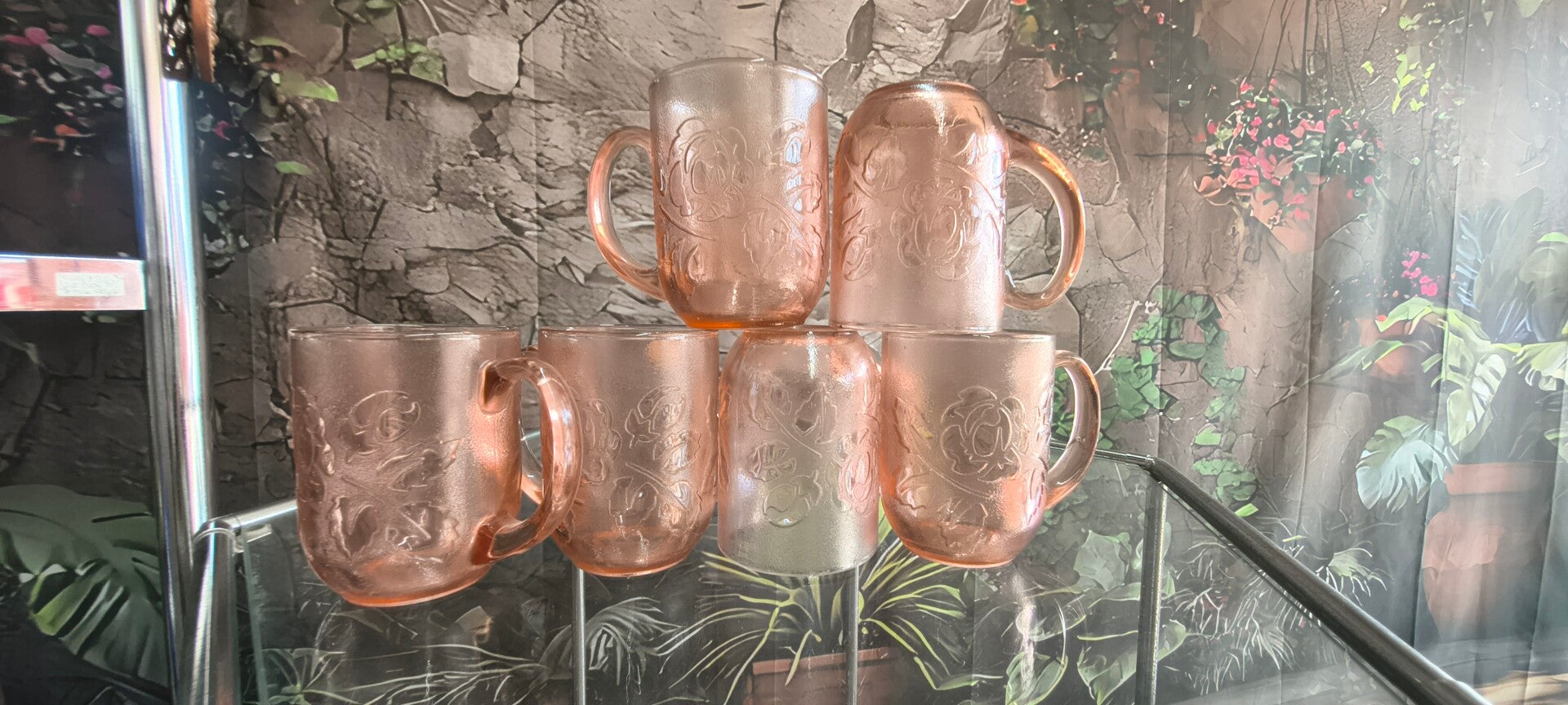 Vintage Pink Depression Glass Floral Mugs (Set of 6)