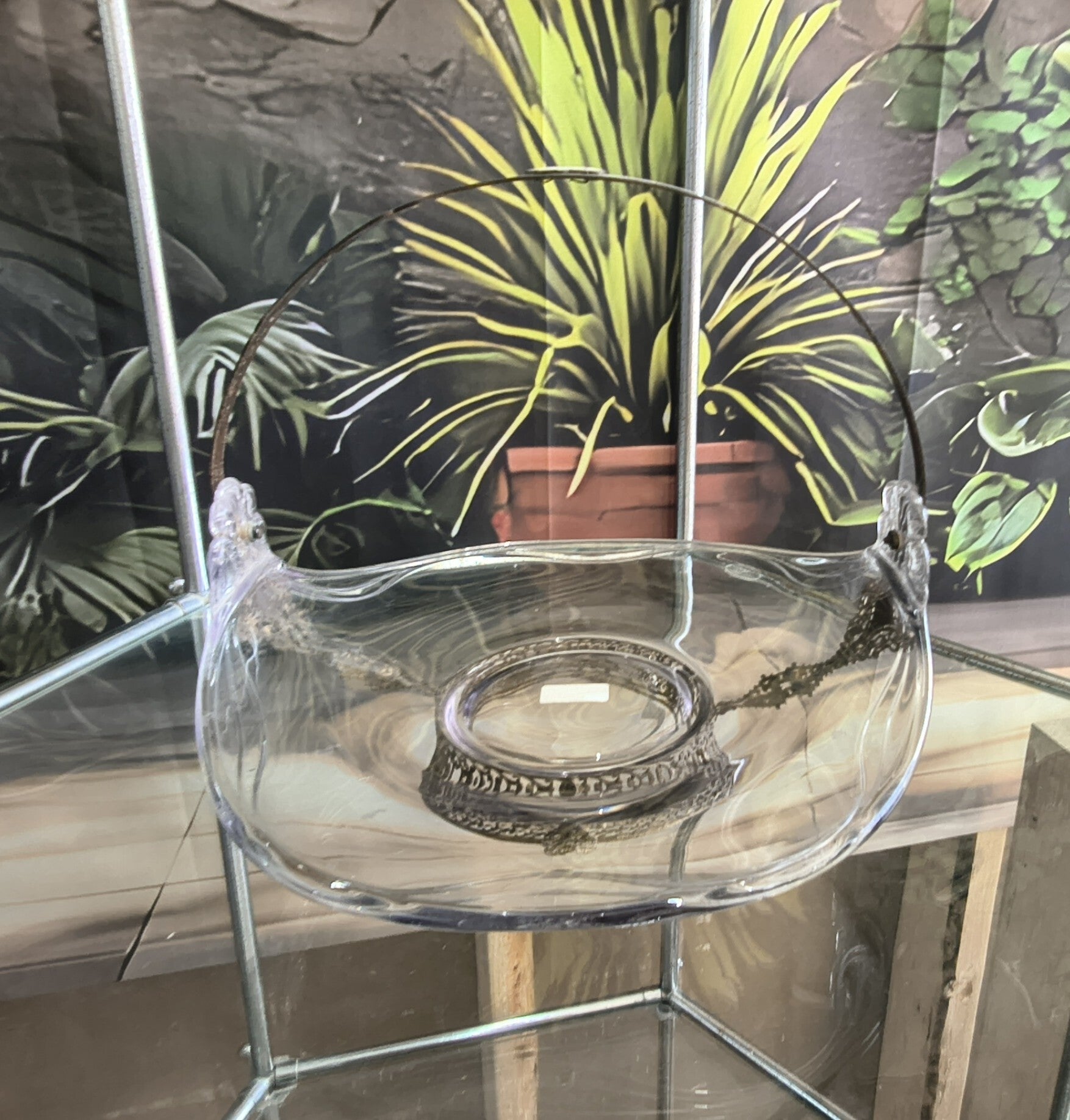 Vintage Ornate Glass Bride's Basket / Centerpiece Dish with Filigree Handle & Base