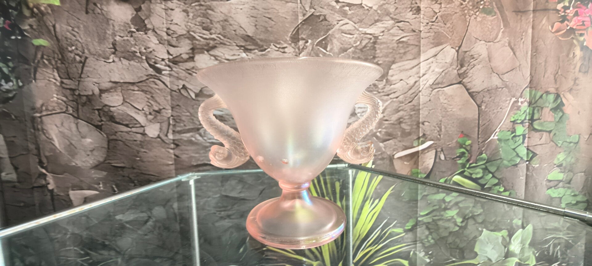 Vintage Fenton Frosted Pink Iridescent Fan Vase with Dolphin Handles