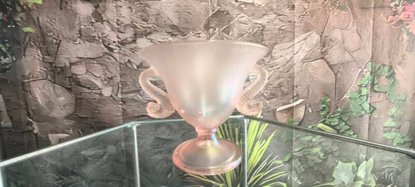 Vintage Fenton Frosted Pink Iridescent Fan Vase with Dolphin Handles