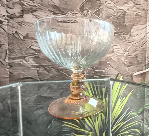 Vintage Fluted Glass Compote Bowl with Amber Pedestal