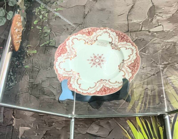 Vintage Scalloped Porcelain Display Plate – Terracotta & Gold Scroll Motif