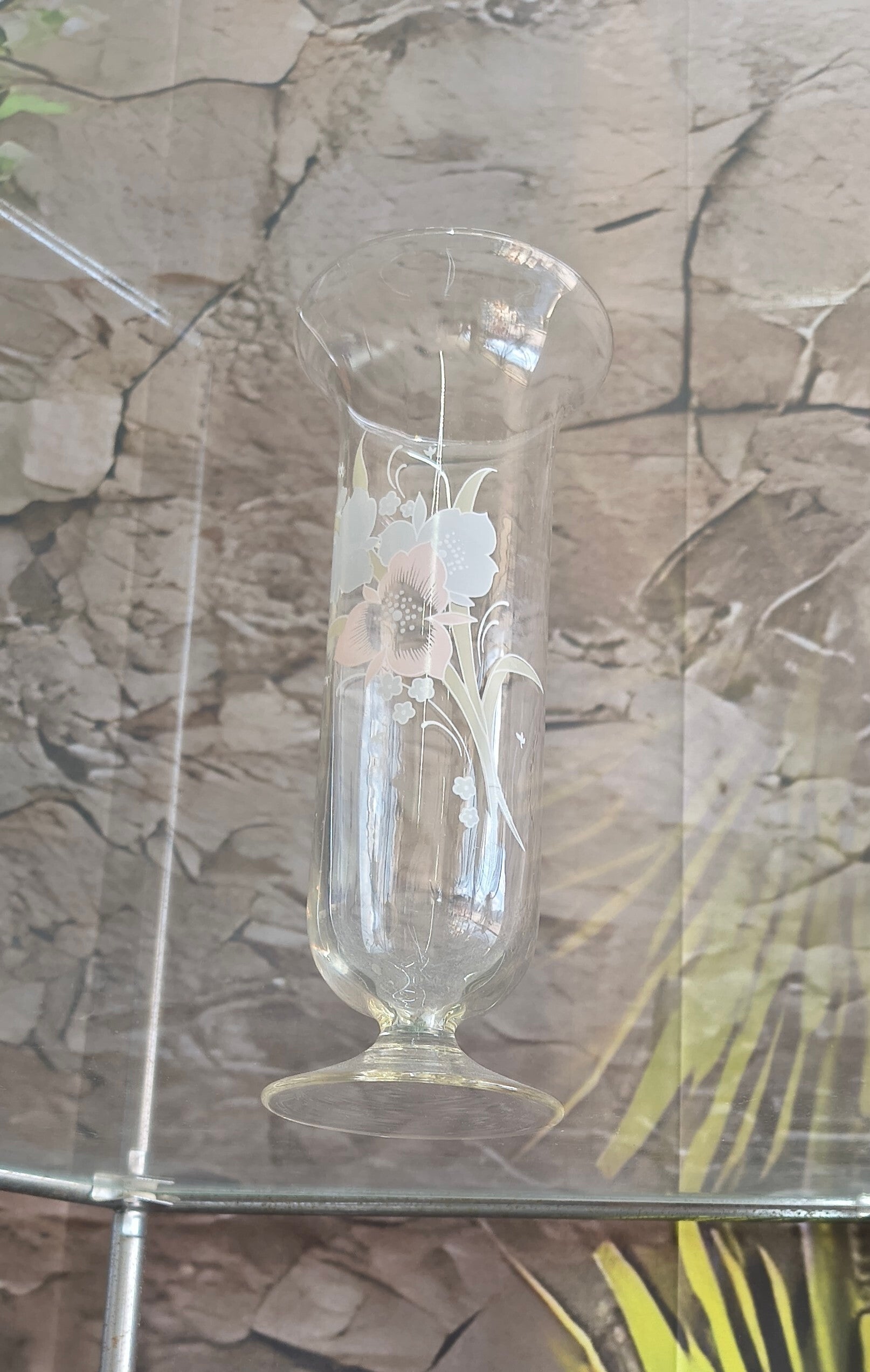 Vintage Pastel Floral Footed Glass Vase – 1980s Flared Cylinder Bud Vase