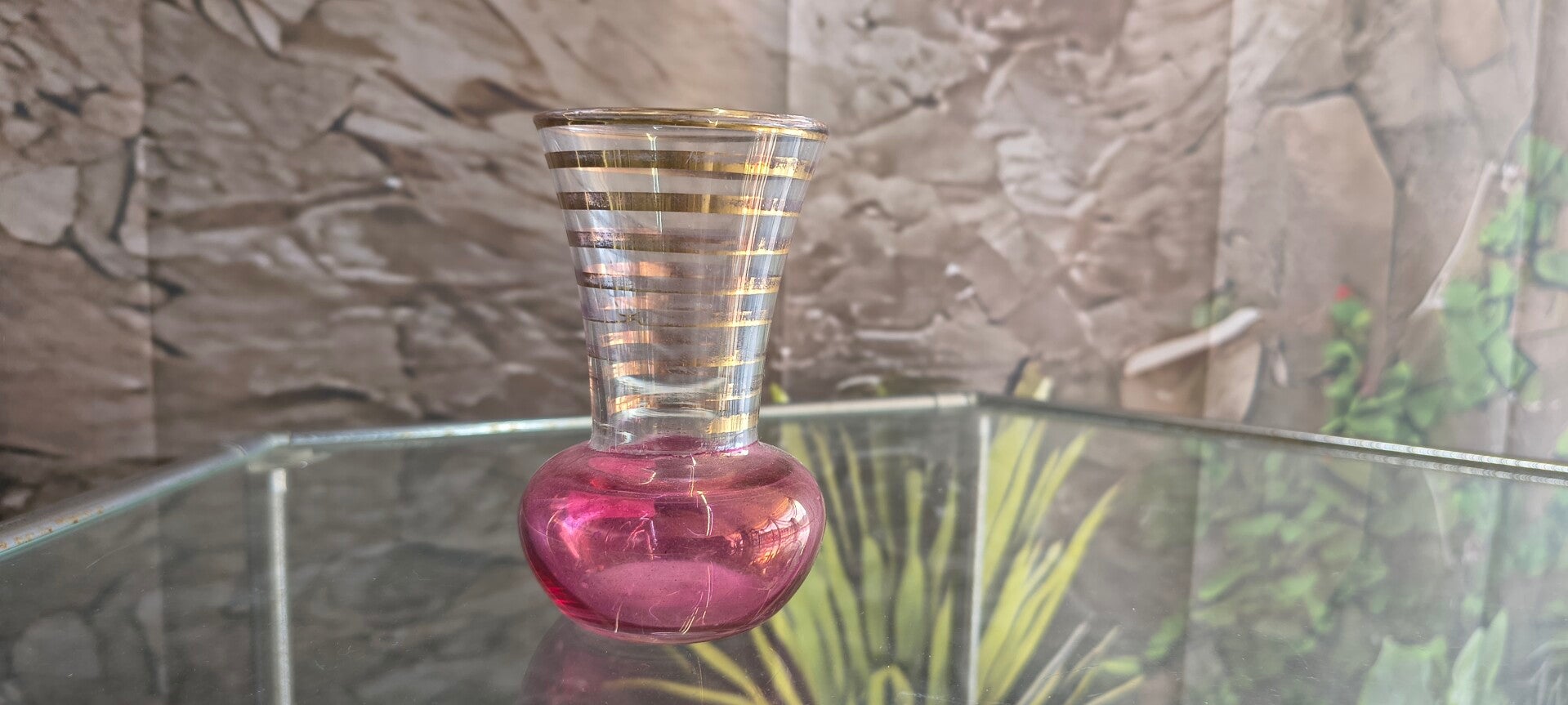 Vintage Bartlett Collins Cranberry Glass Mini Bud Vase with Gold Stripes (3.75")
