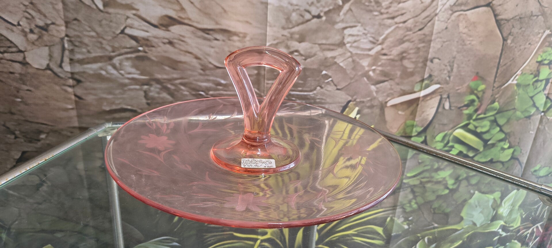 Vintage Pink Depression Glass Center Handle Server Tray with Etched Floral Design (~10.5")