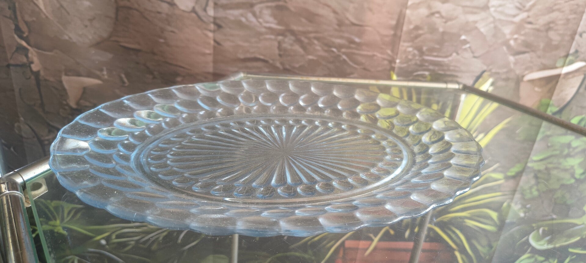 Vintage 10" Ice Blue Pressed Glass Platter – Sunburst Rayed & Thumbprint Scalloped Tray