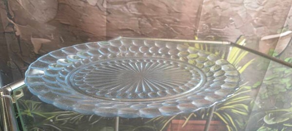 Vintage 10" Ice Blue Pressed Glass Platter – Sunburst Rayed & Thumbprint Scalloped Tray