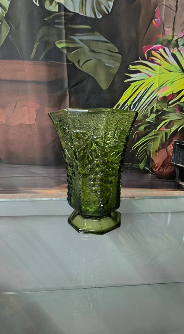 Forest Green Embossed Grape & Leaf Octagonal Vase