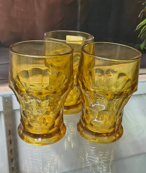 Vintage Amber Heavy Panel Faceted Tumblers – Set of 3