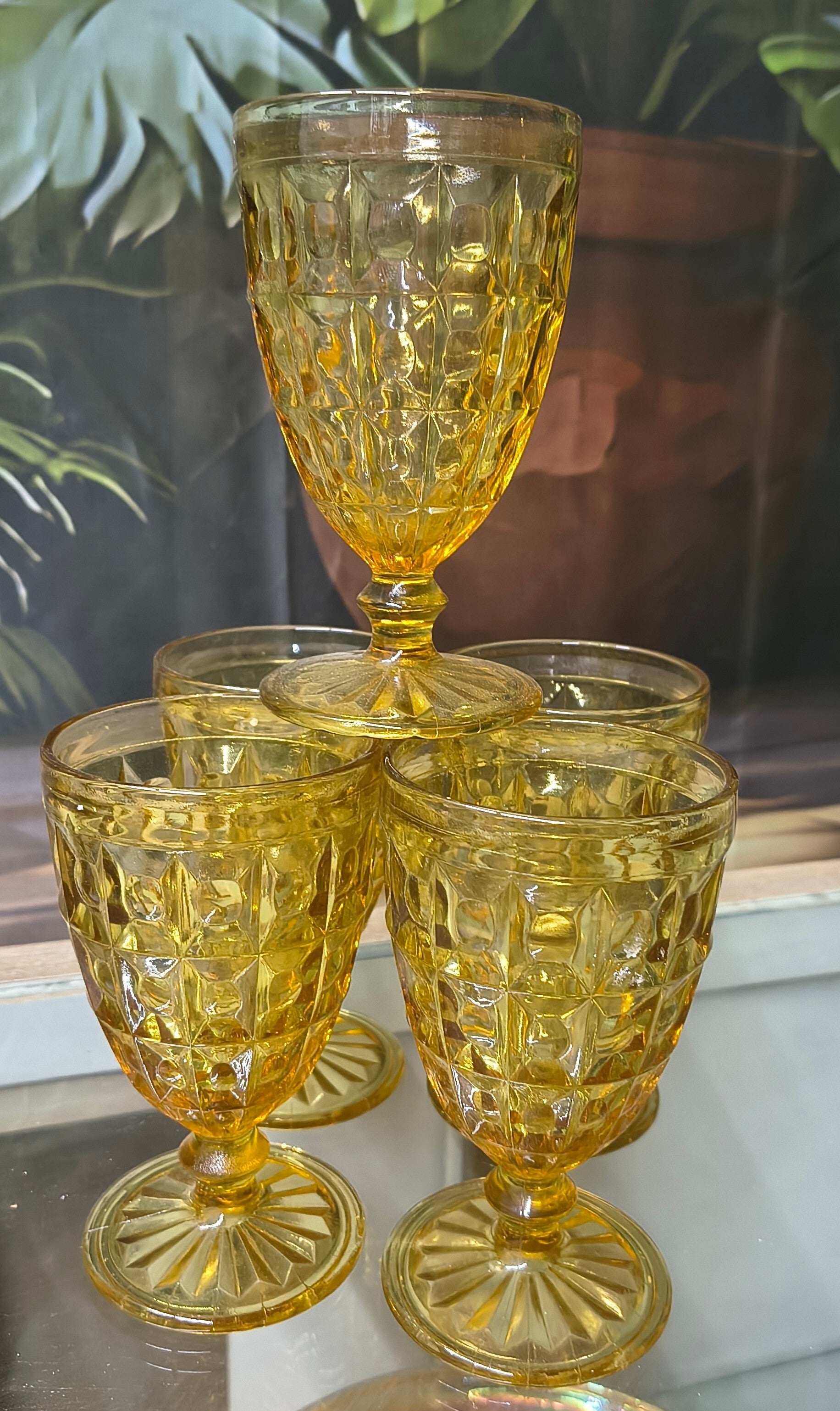 Set of 5 Vintage Amber "Diamond Point" Pedestal Goblets
