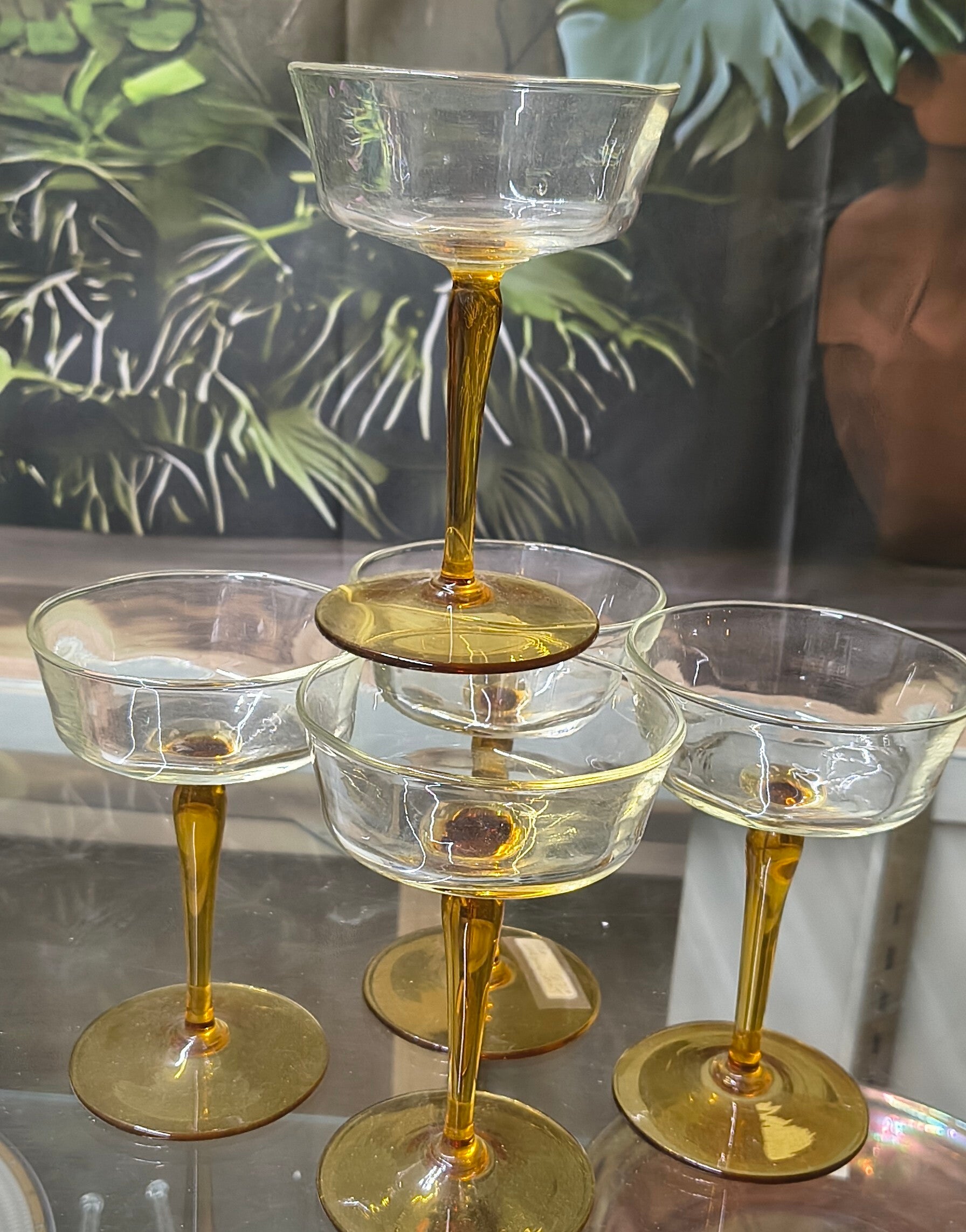 Set of 5 Two-Tone Amber Stem Champagne Coupes
