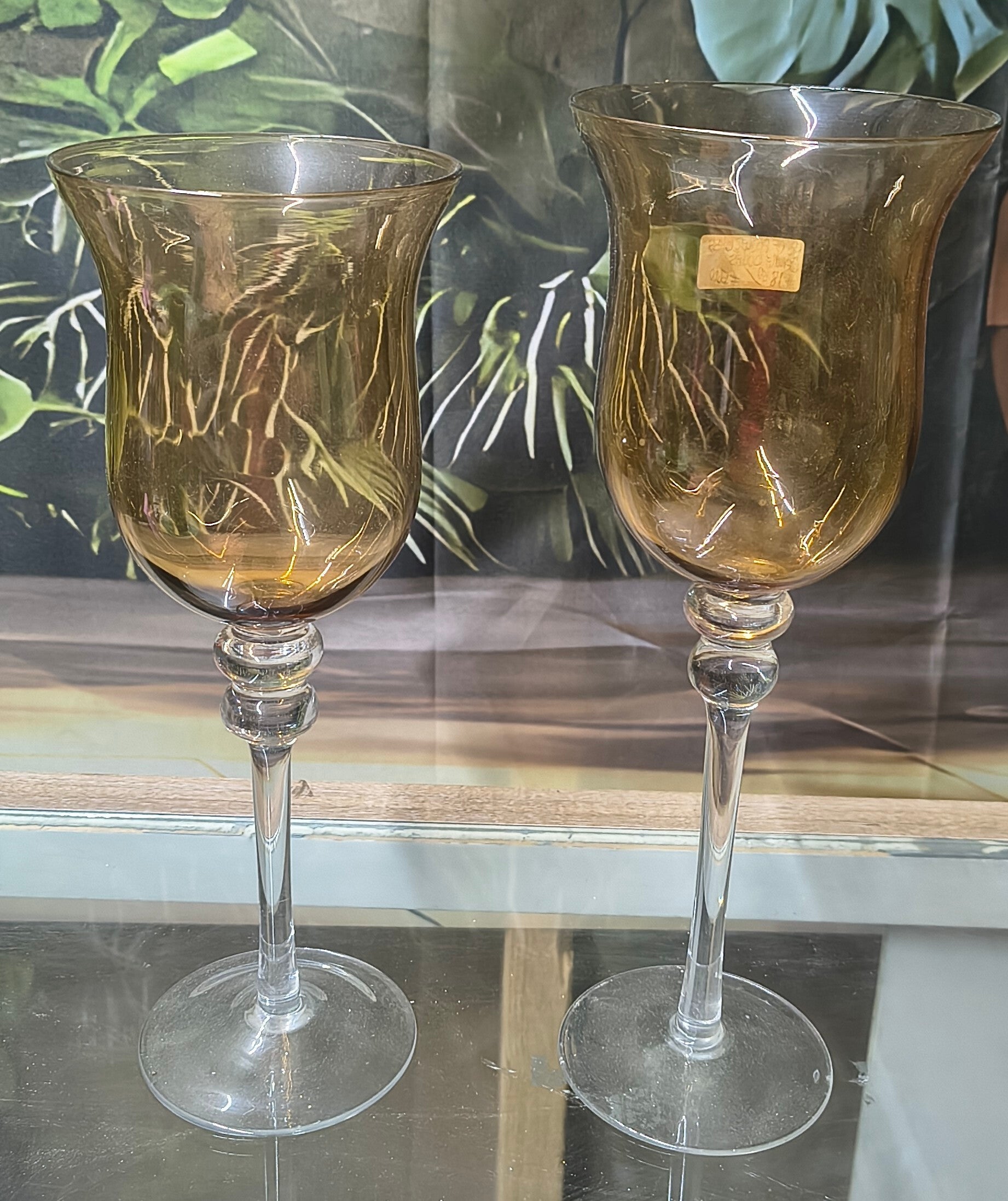 Pair of Tall Amber Hurricane Votive Candle Holders