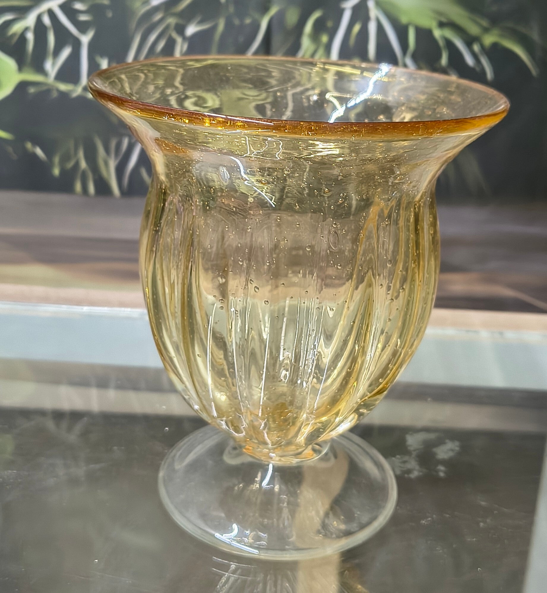 Hand-Blown Amber Bubble/Bullicante Glass Pedestal Vase