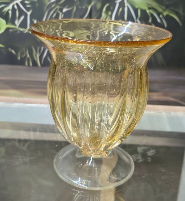 Hand-Blown Amber Bubble/Bullicante Glass Pedestal Vase