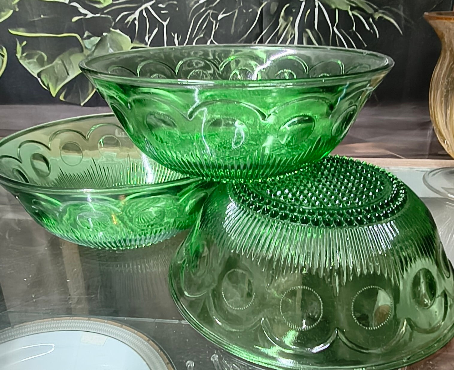 Set of 3 Vintage Emerald Green Pressed Glass Bowls