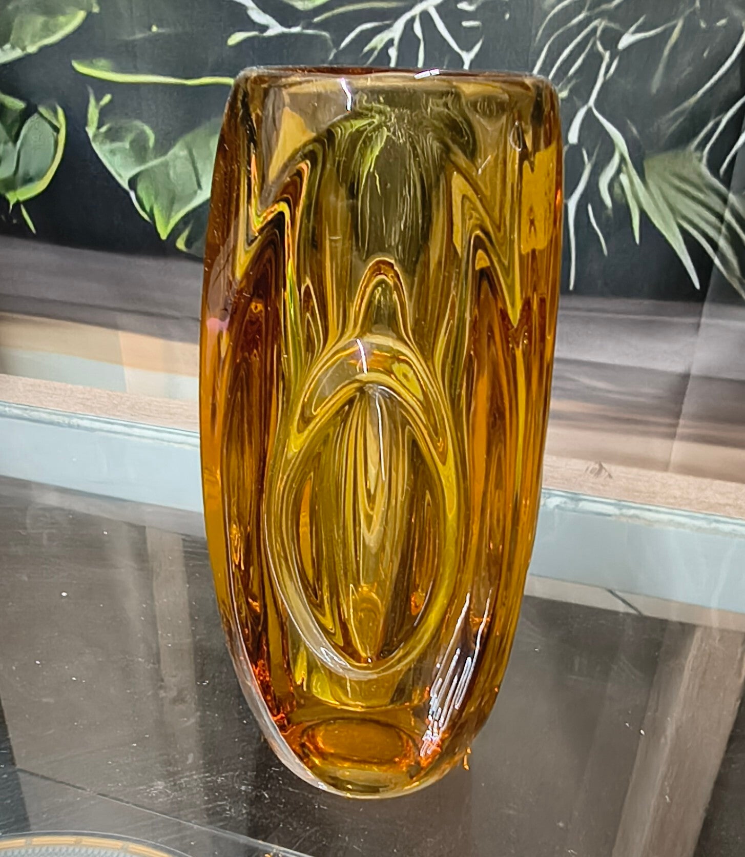 Heavy MCM Amber Glass Elliptical / Sommerso Art Glass Vase