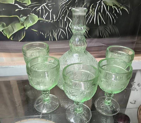 Vintage Light Green Pressed Glass Decanter & 4 Footed Goblets Set
