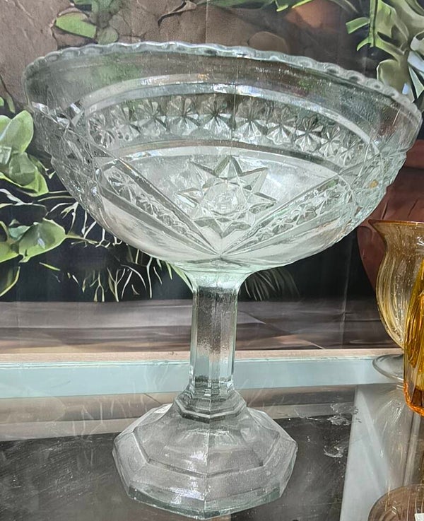 Vintage Clear Cut Glass Pedestal Compote | UV GLOW Manganese ABP Style Footed Bowl
