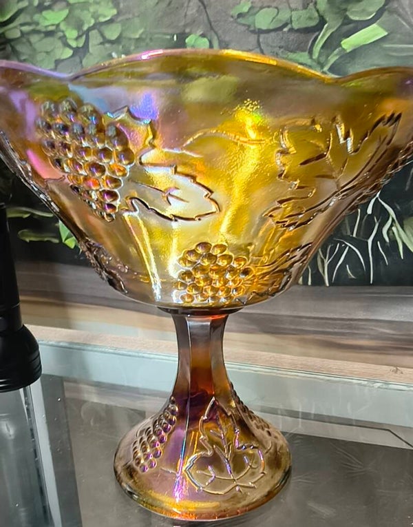 Vintage Marigold Carnival Glass Footed Fruit Bowl / Pedestal Compote