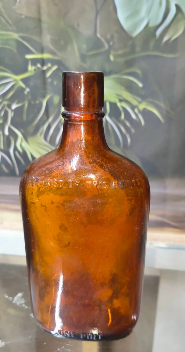 Prohibition Era Amber Glass "One Pint" Liquor Flask