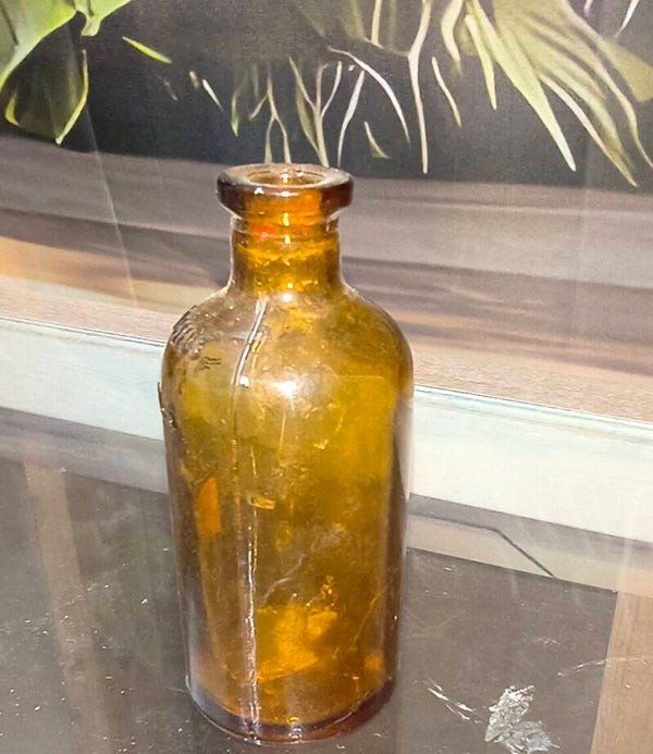 Antique / Early Amber Glass Medicine Pill Bottle with Ring Lip