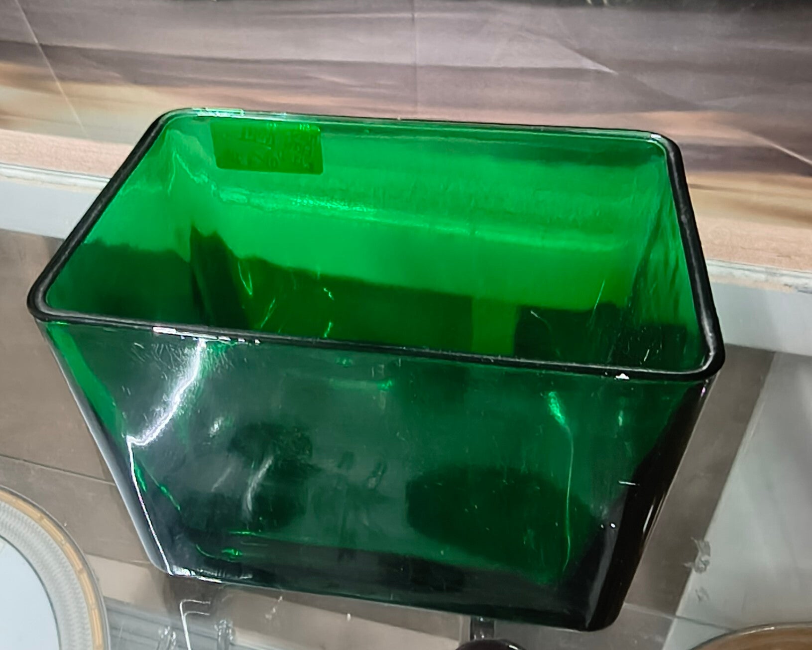 Heavy Forest Green Art Glass Rectangular Tapered Planter / Catchall