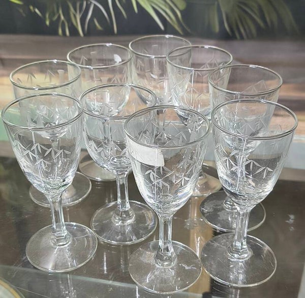 Set of 8 Wheel-Cut Clear Glass Wine / Cordial Stems