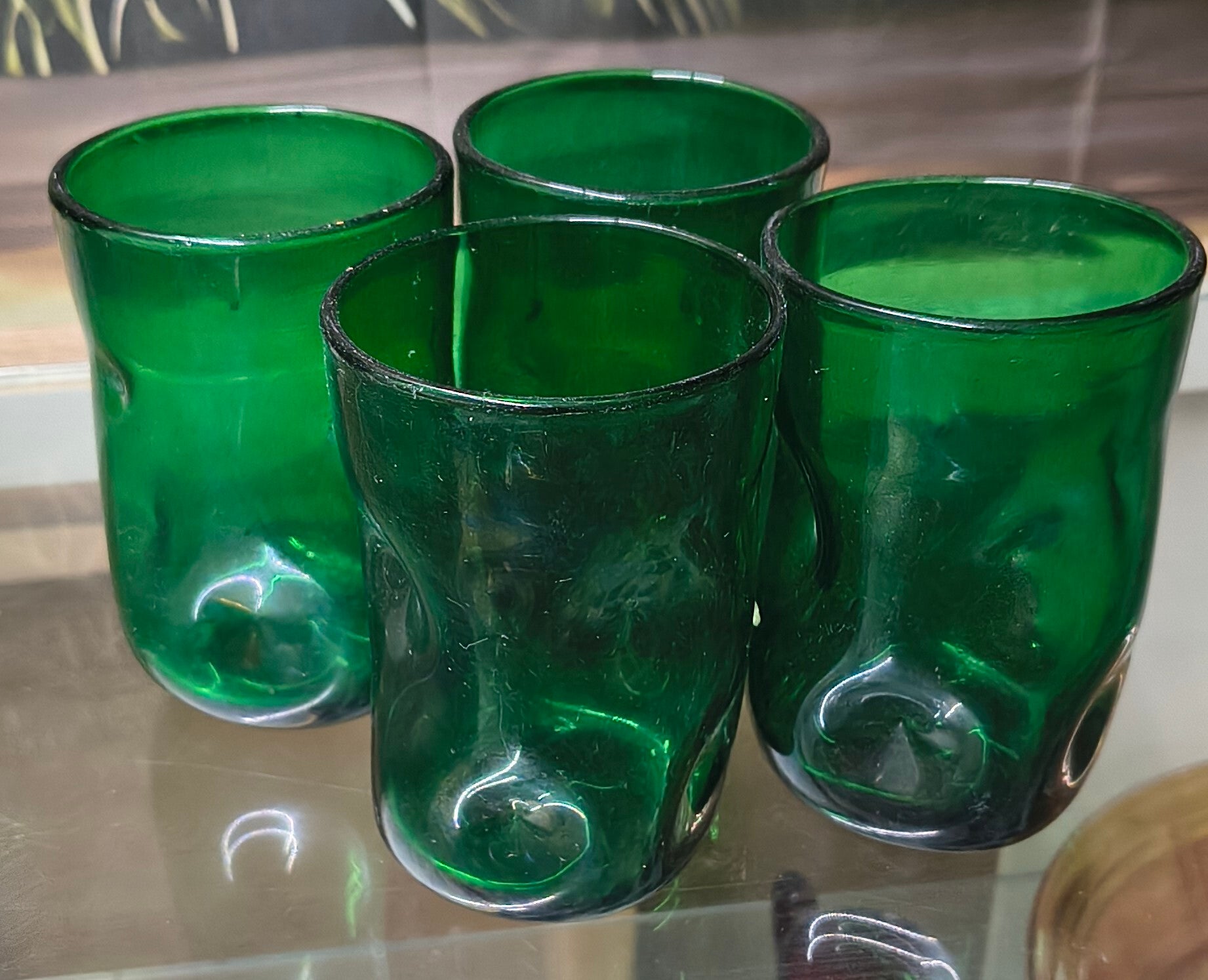 Set of 4 Hand-Blown Emerald Green "Dimple / Pinch" Tumblers