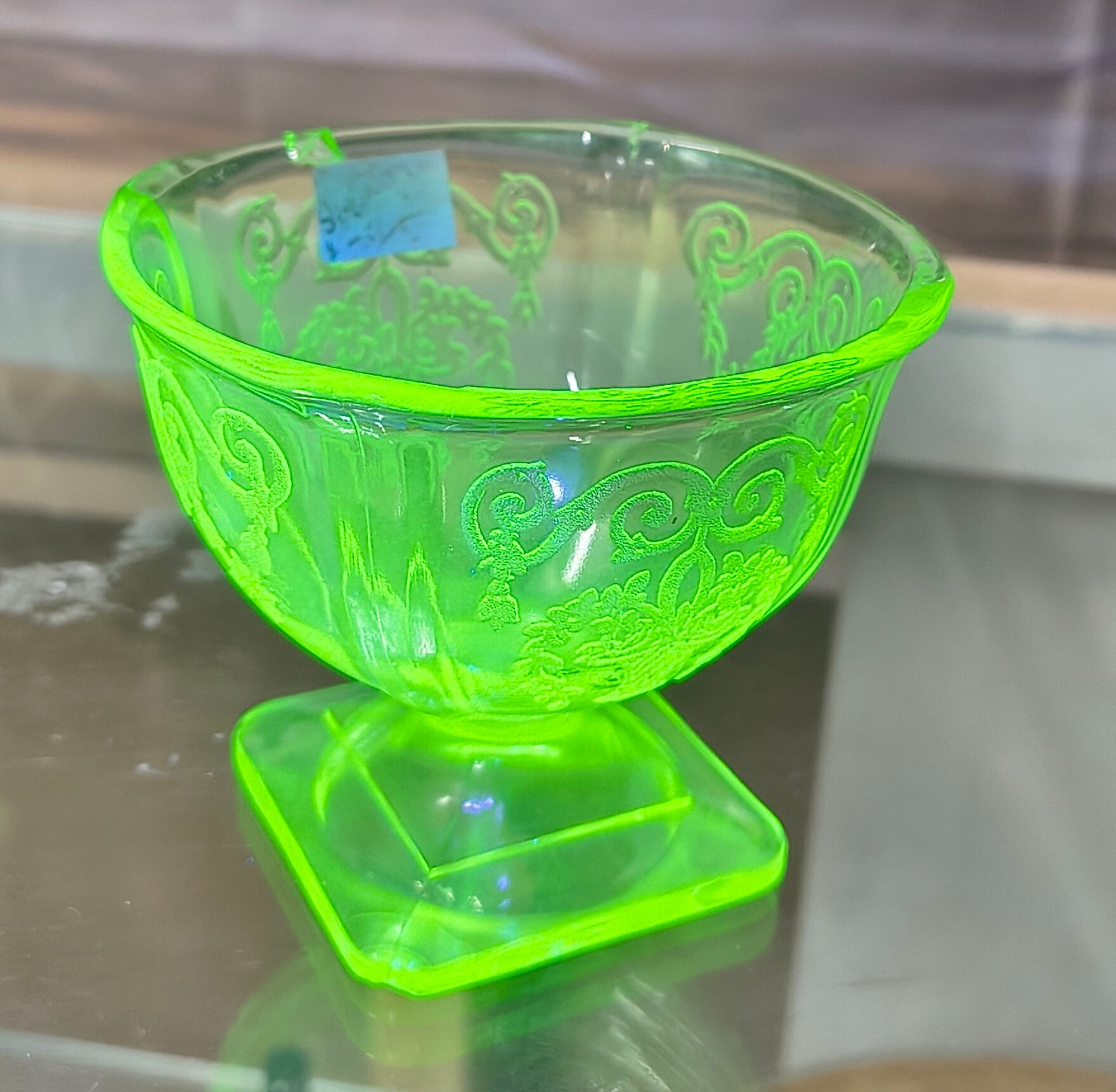 1930s Uranium Depression Glass Sherbet Dish – "Princess" Cameo Scroll