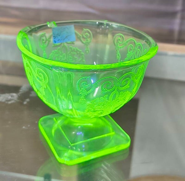 1930s Uranium Depression Glass Sherbet Dish – "Princess" Cameo Scroll