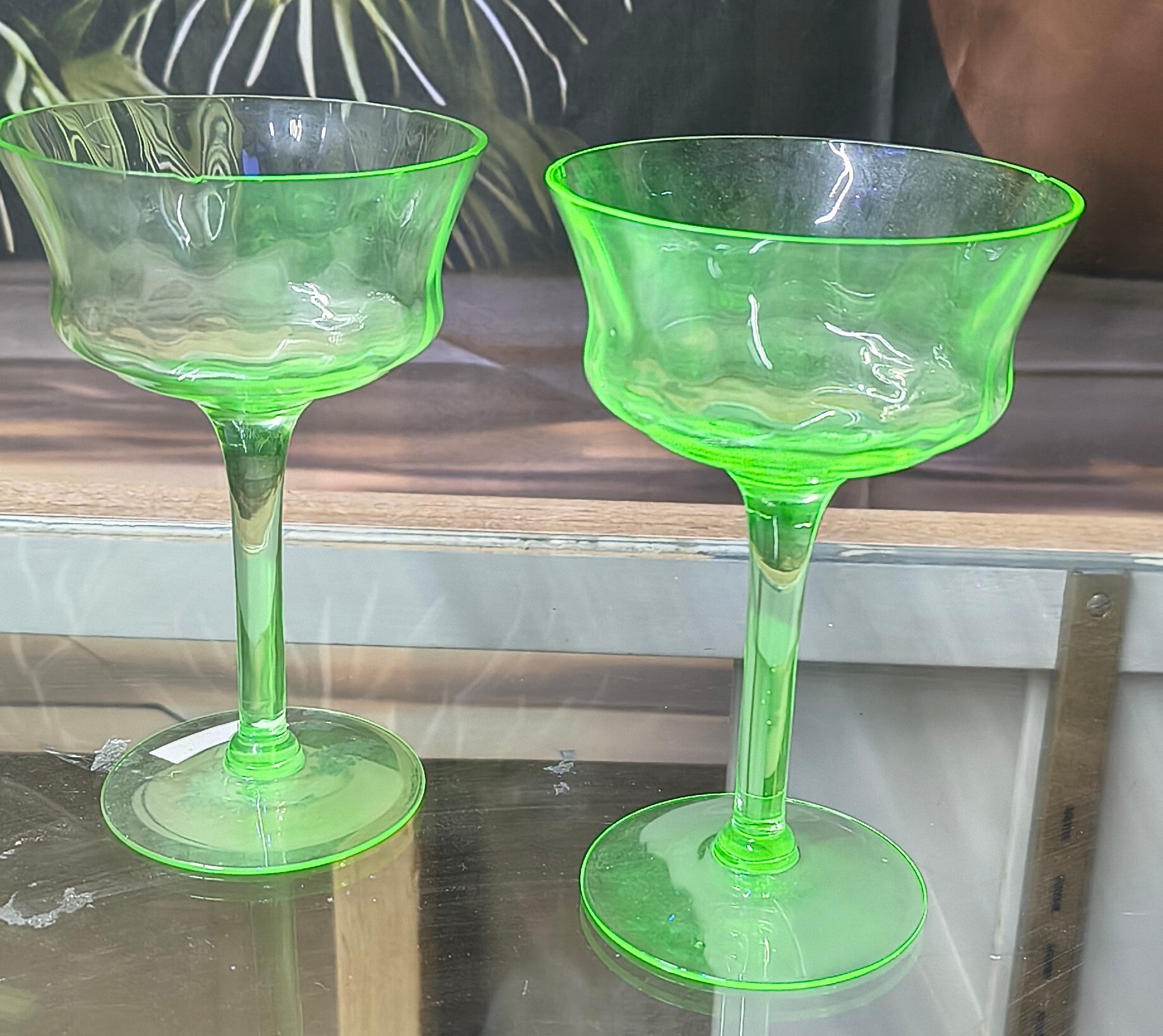 Pair of 1920s–30s Green Uranium Glass Champagne / Sherbet Coupes