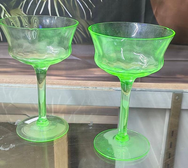 Pair of 1920s–30s Green Uranium Glass Champagne / Sherbet Coupes
