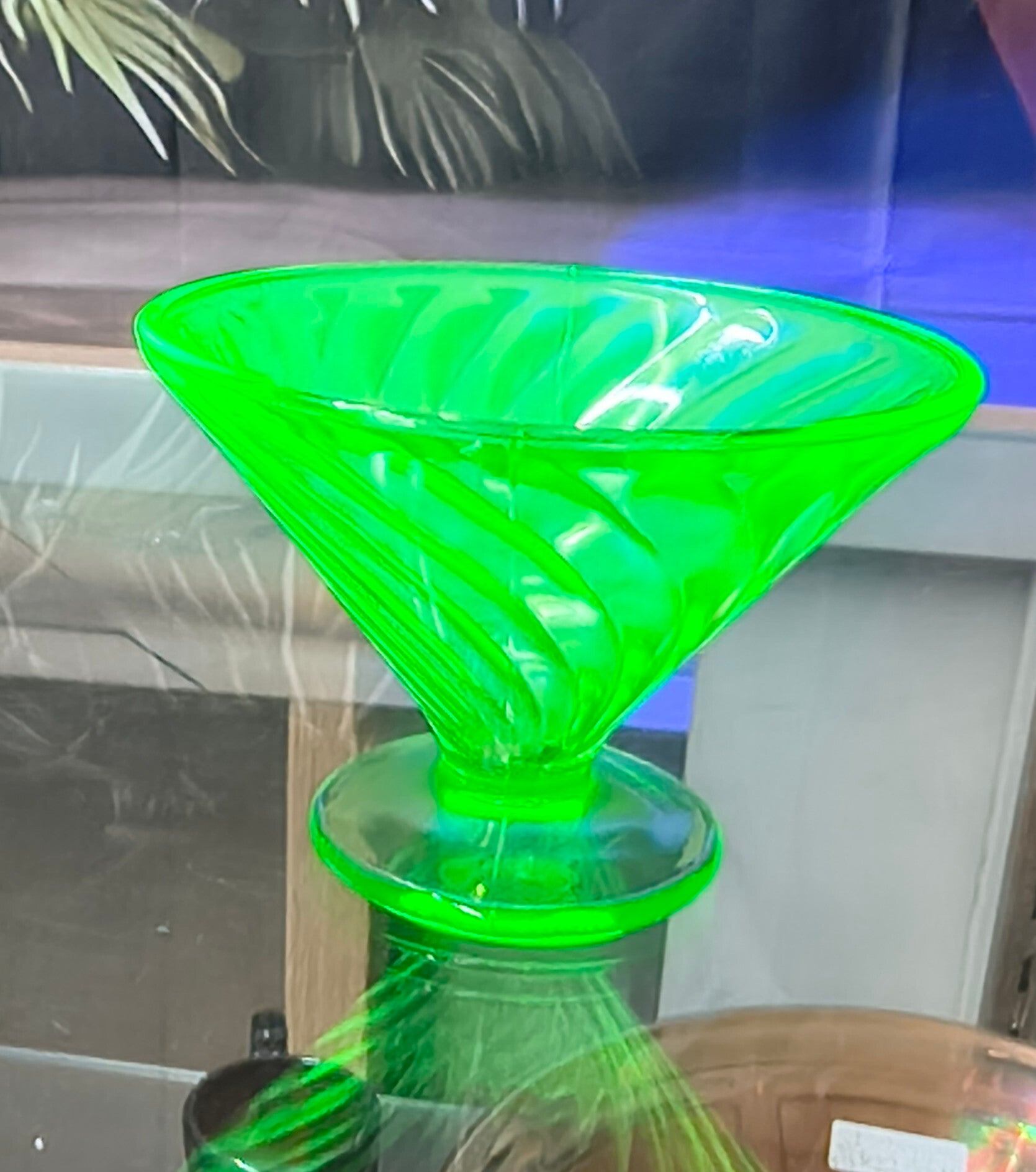 1930s Green Uranium Glass Swirl Optic Pedestal Compote
