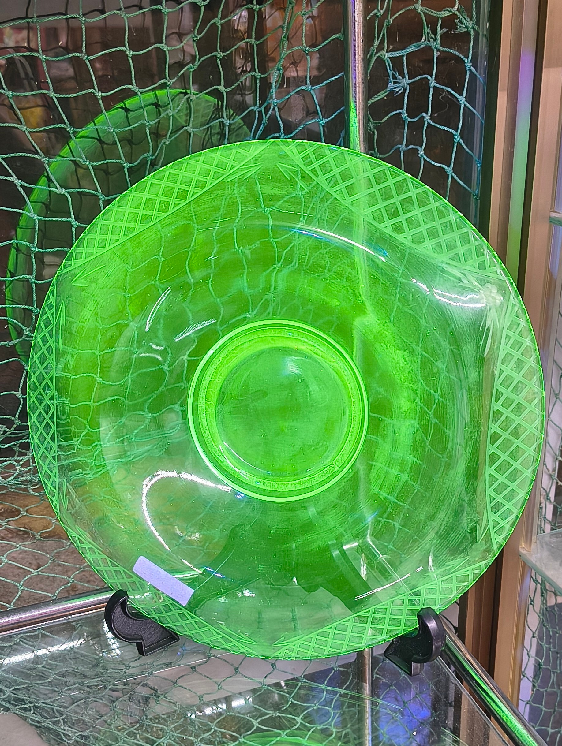 1930s Green Uranium Glass Etched Trellis Console Bowl / Cake Salver