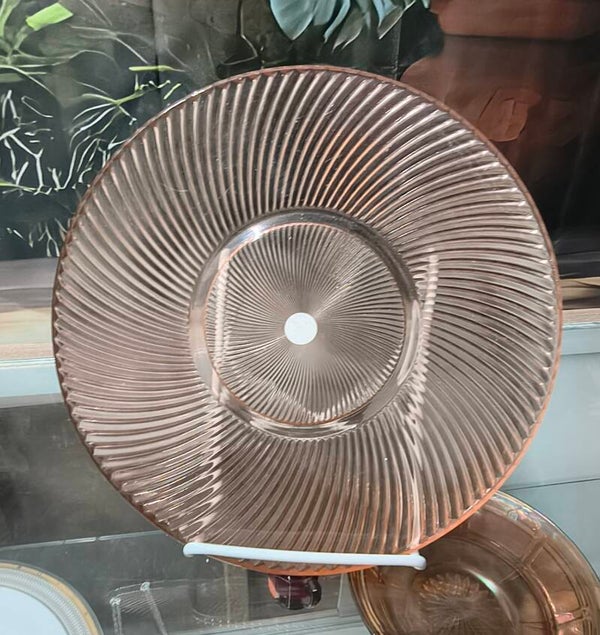 Vintage 1930s Pink Depression Glass Spiral Swirl Salver / Torte Plate