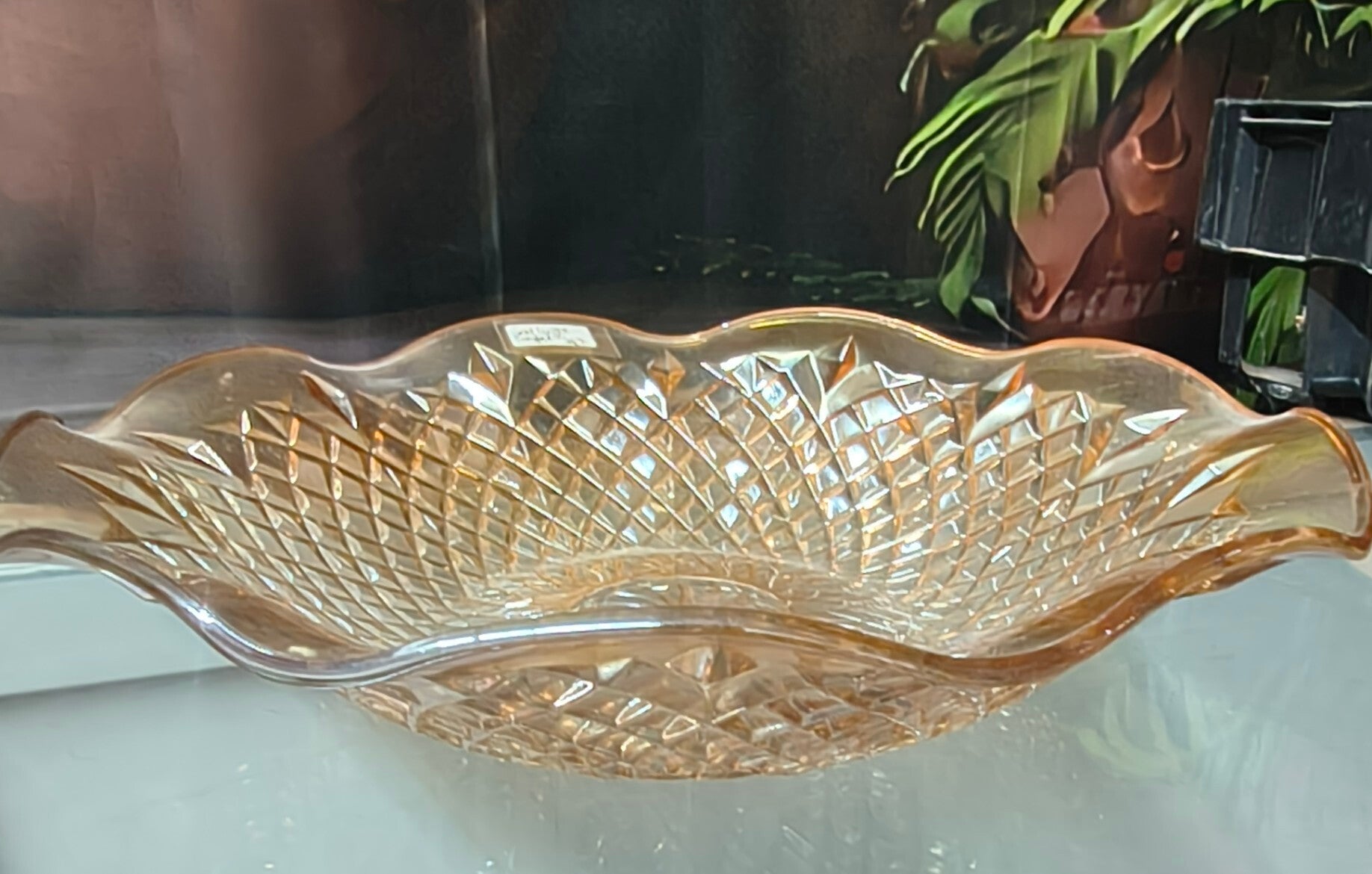 Vintage Marigold Carnival Glass Diamond Quilt Flared Ruffle Bowl