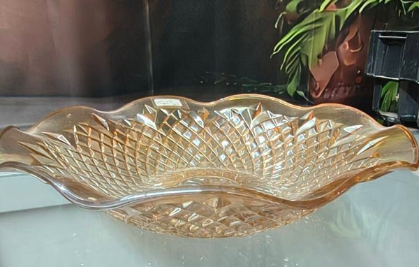 Vintage Marigold Carnival Glass Diamond Quilt Flared Ruffle Bowl
