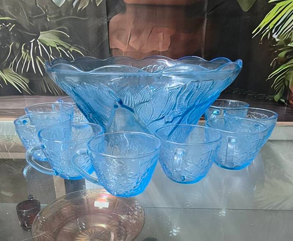Rare Vintage UV Reactive Ice Blue Glass Punch Bowl Set | Glowing Embossed Grape 11-Piece Punch Service (Bowl + 10 Cups)