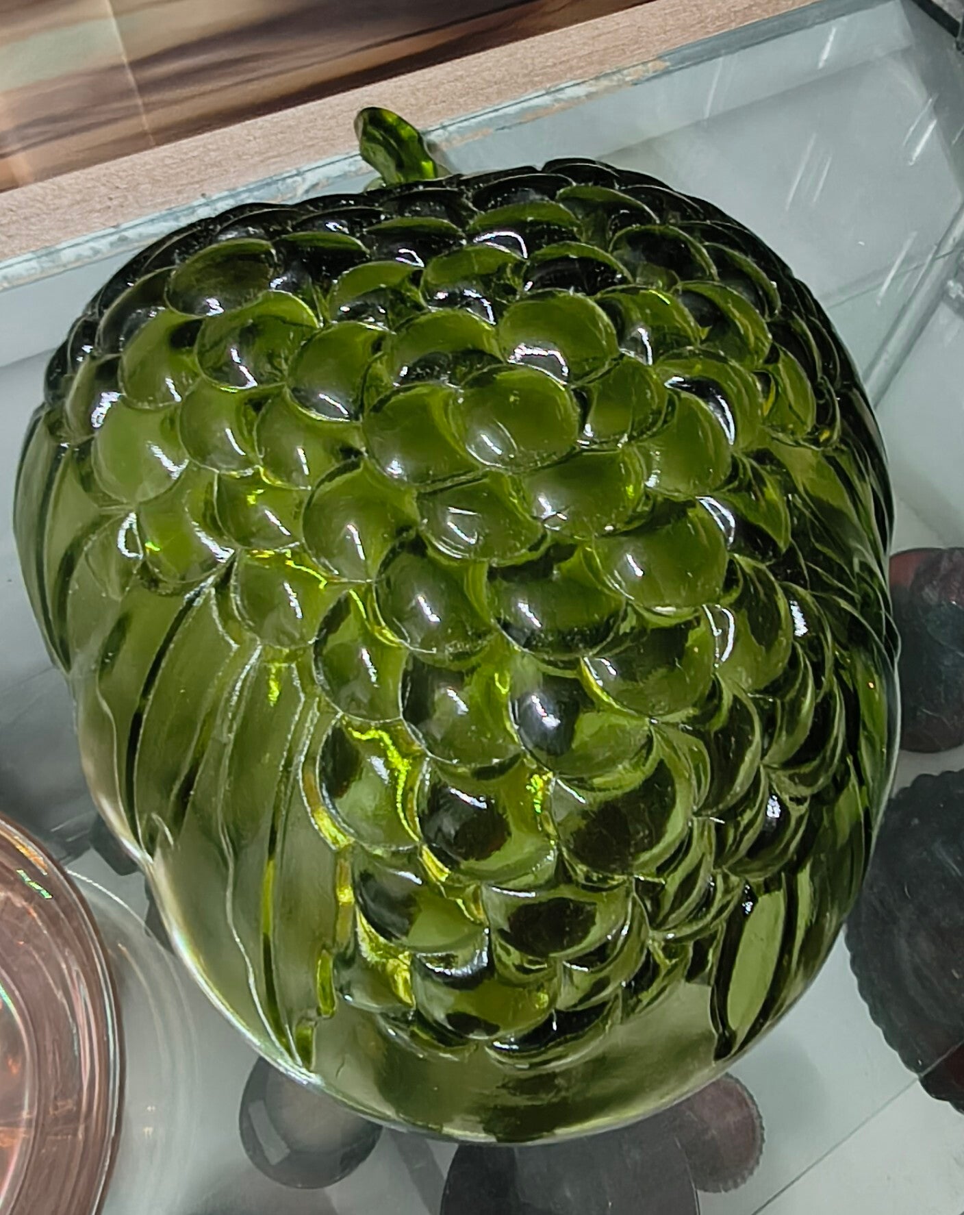 Vintage Olive / Avocado Green Pressed Glass Embossed Grape Cluster Art Bowl
