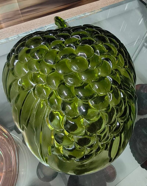Vintage Olive / Avocado Green Pressed Glass Embossed Grape Cluster Art Bowl
