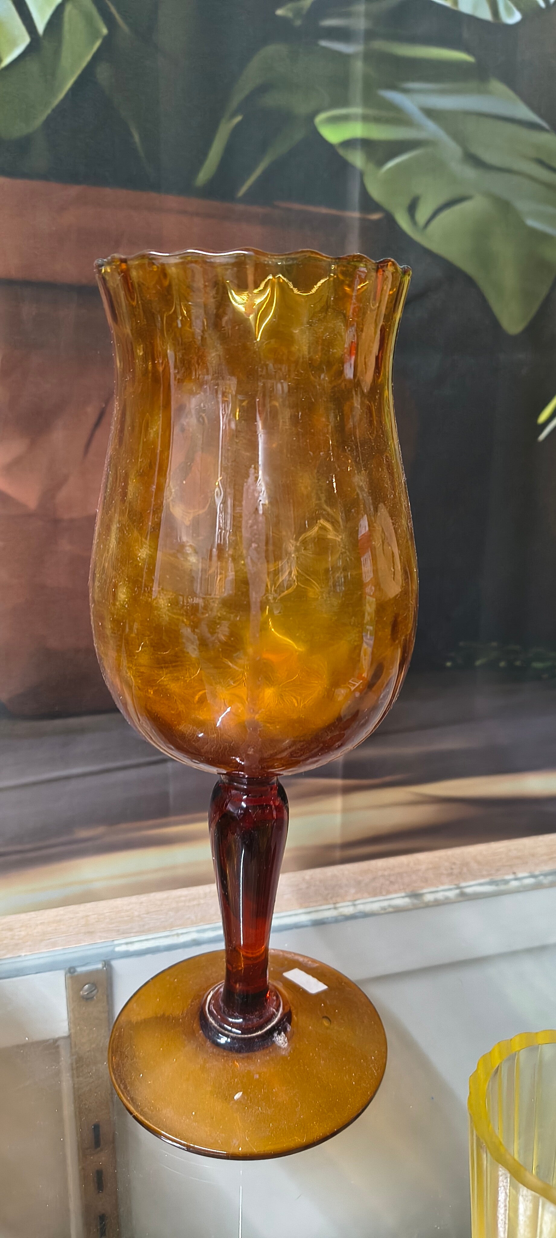 Vintage Amber Glass Stemmed Hurricane Chalice / Vase