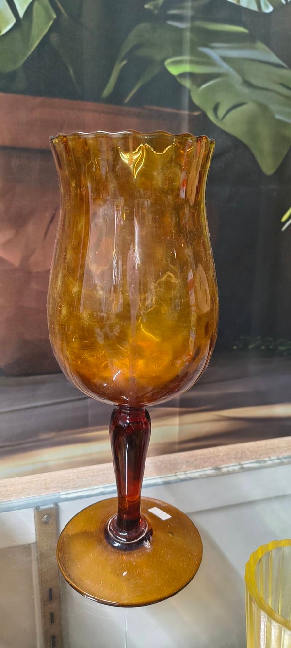 Vintage Amber Glass Stemmed Hurricane Chalice / Vase