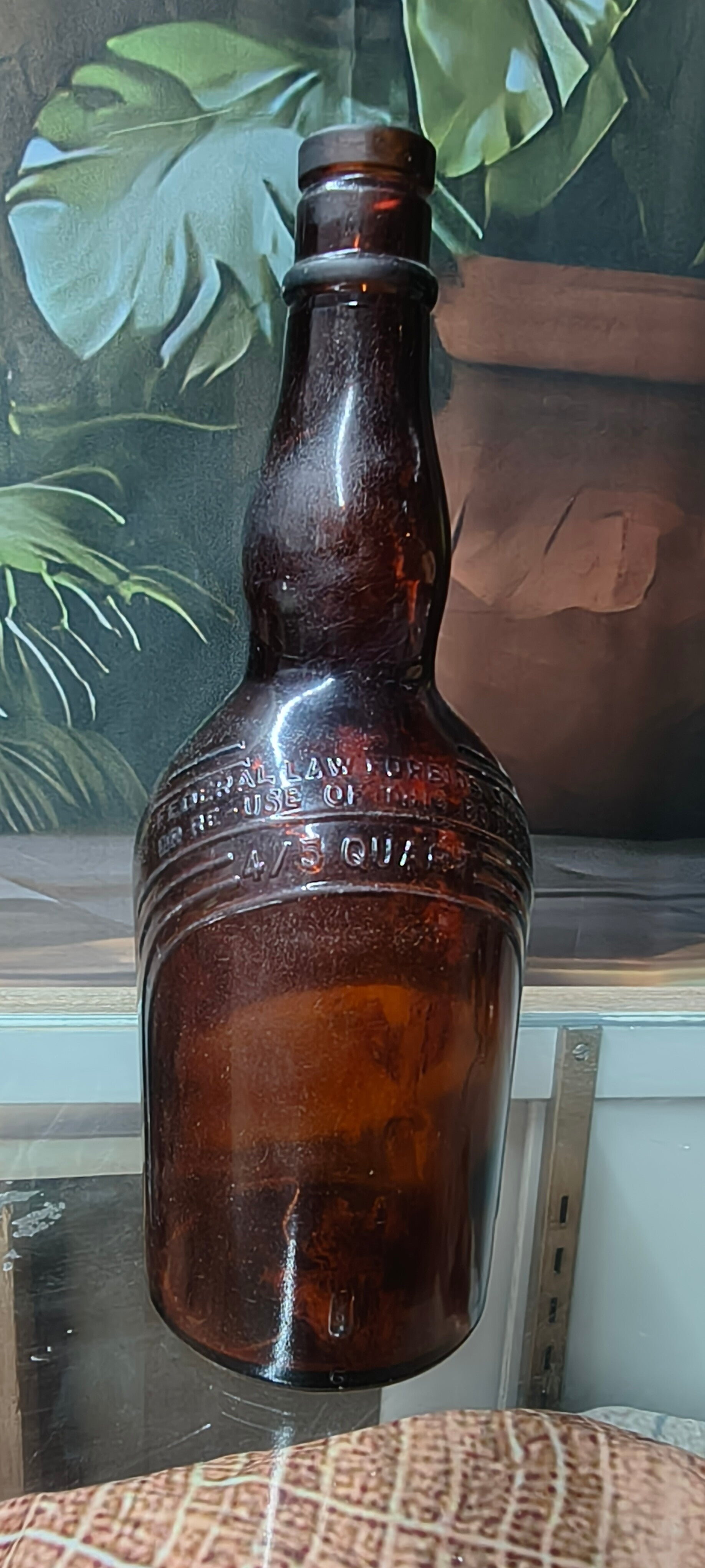 Antique / Vintage Amber Liquor Bottle – "Federal Law Forbids" 4/5 Quart