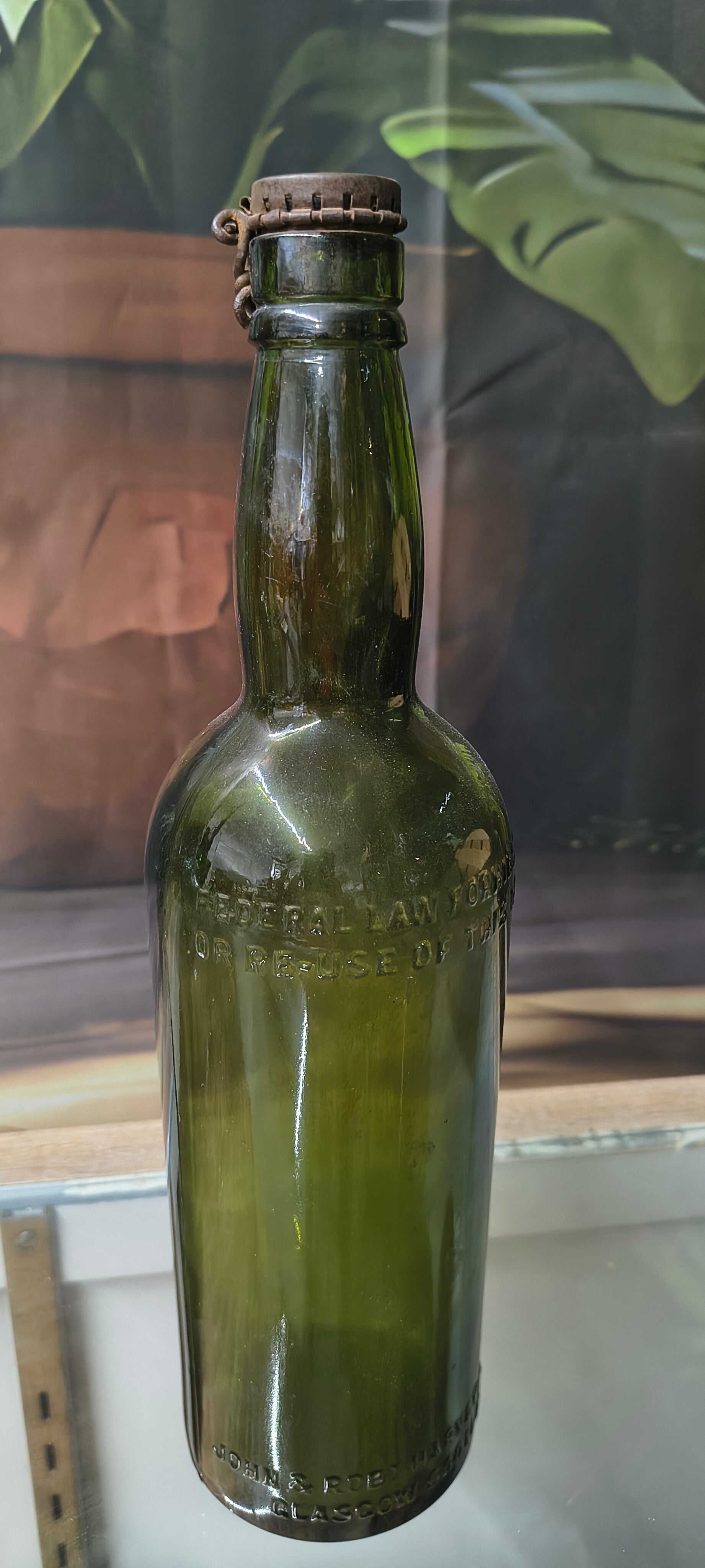 Antique Olive Green Scotch Whisky Bottle with "Federal Law Forbids" Warning