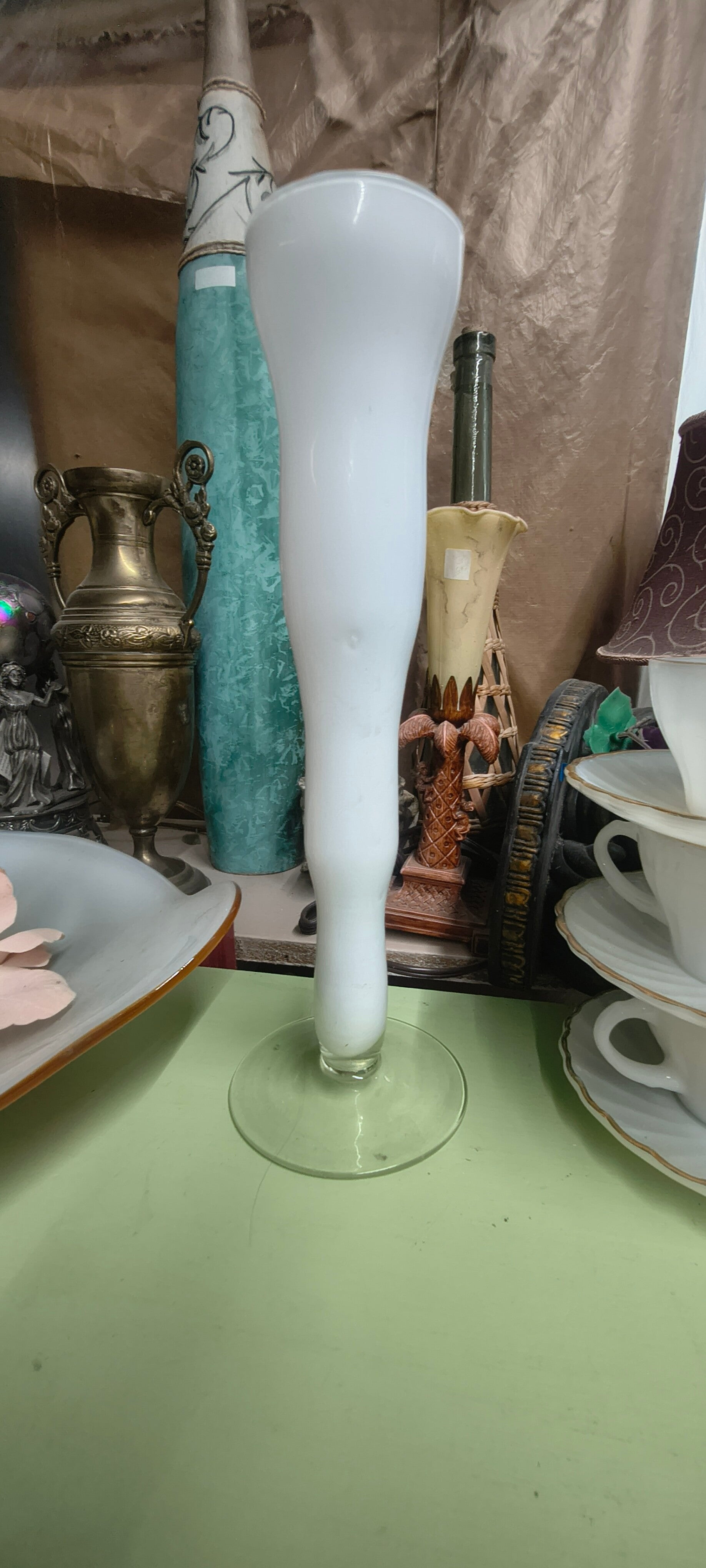 Mid-Century Opaline White Glass Tapered Bud Vase on Clear Foot