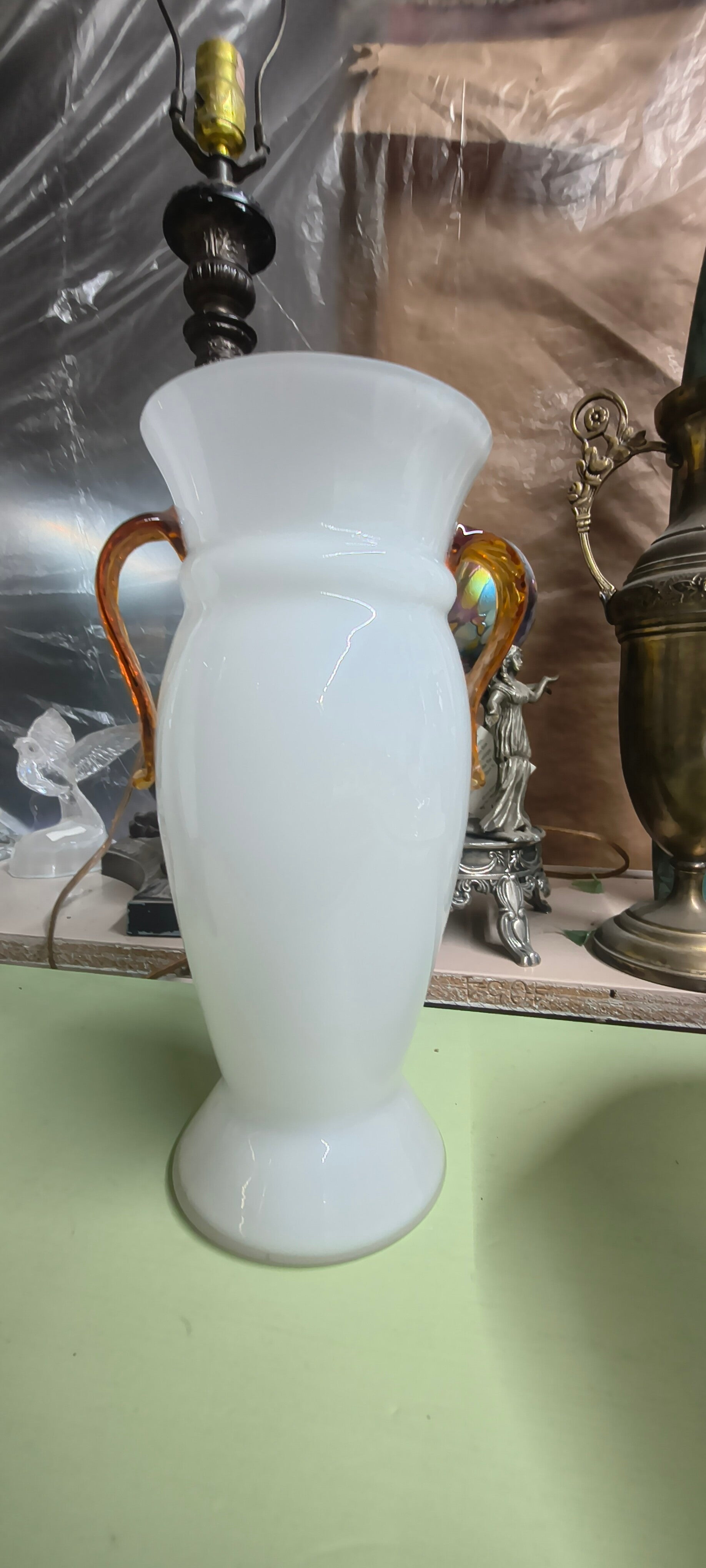 Vintage White Milk Glass Classical Urn Amphora Vase with Amber Handles